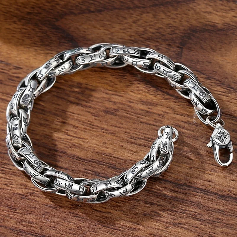 New Trend Simple S925 Sterling Silver Six Character Mantra Men's Bracelet Hip Hop Punk Niche Designs Luxury Jewelry Gift