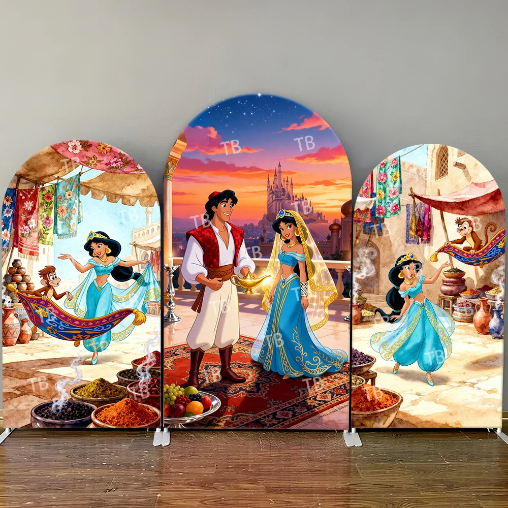

Disney Aladdin & Jasmine Arch Backdrop Cover Genie Lamp Magic Carpet Market Cute Photo Booth Props for Parties & Home Decoration