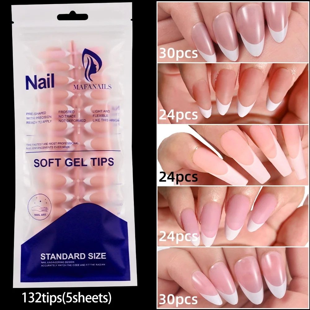 132PCS French Tip Press on Nails 12 Sizes 5 Colors Medium Shape Pre-french Soft Gel Nail Tips Ultra Fit Full Cover Fake Nails *&