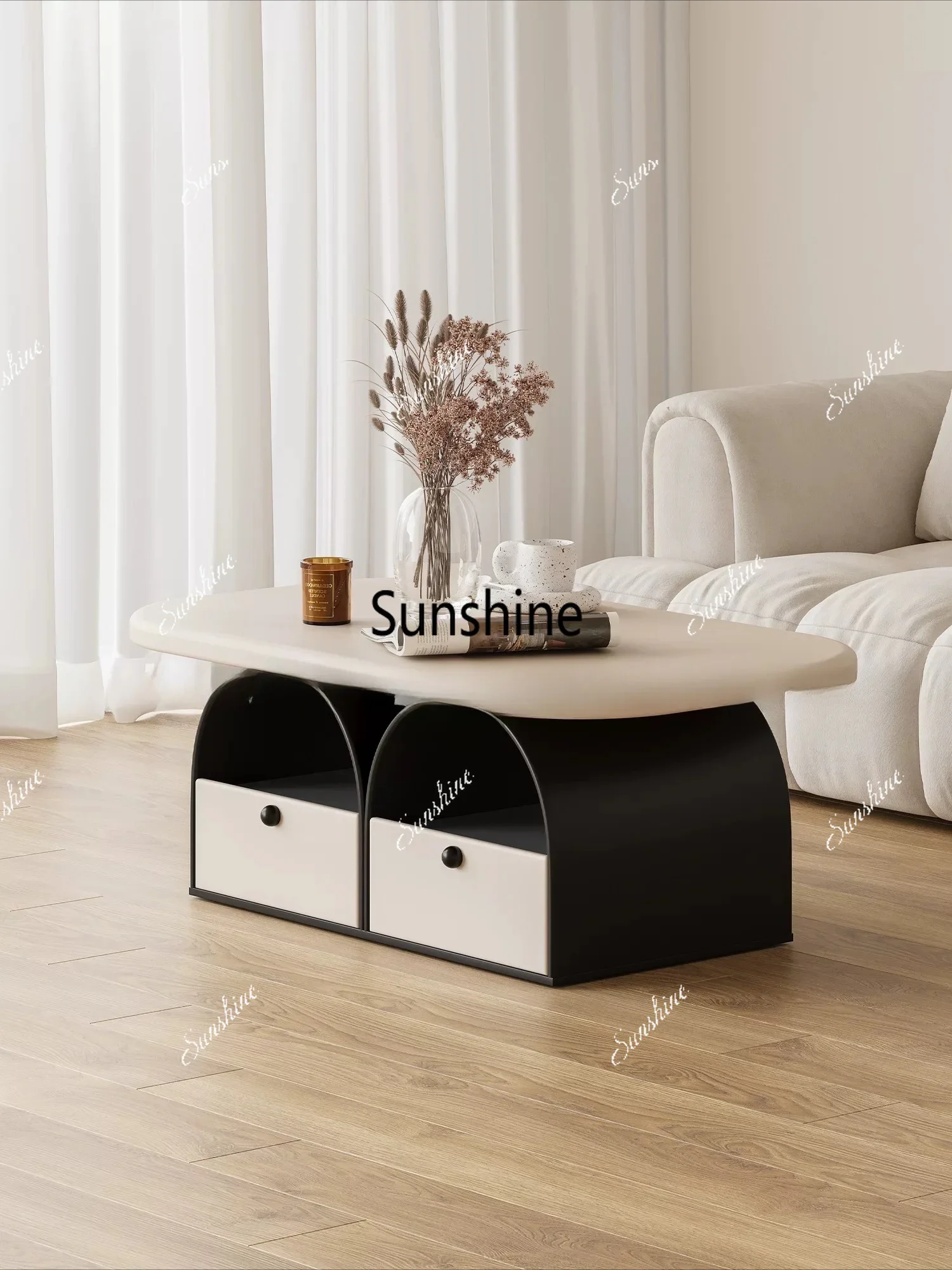 Cream wind light luxury round storage coffee table living room home creative tea table