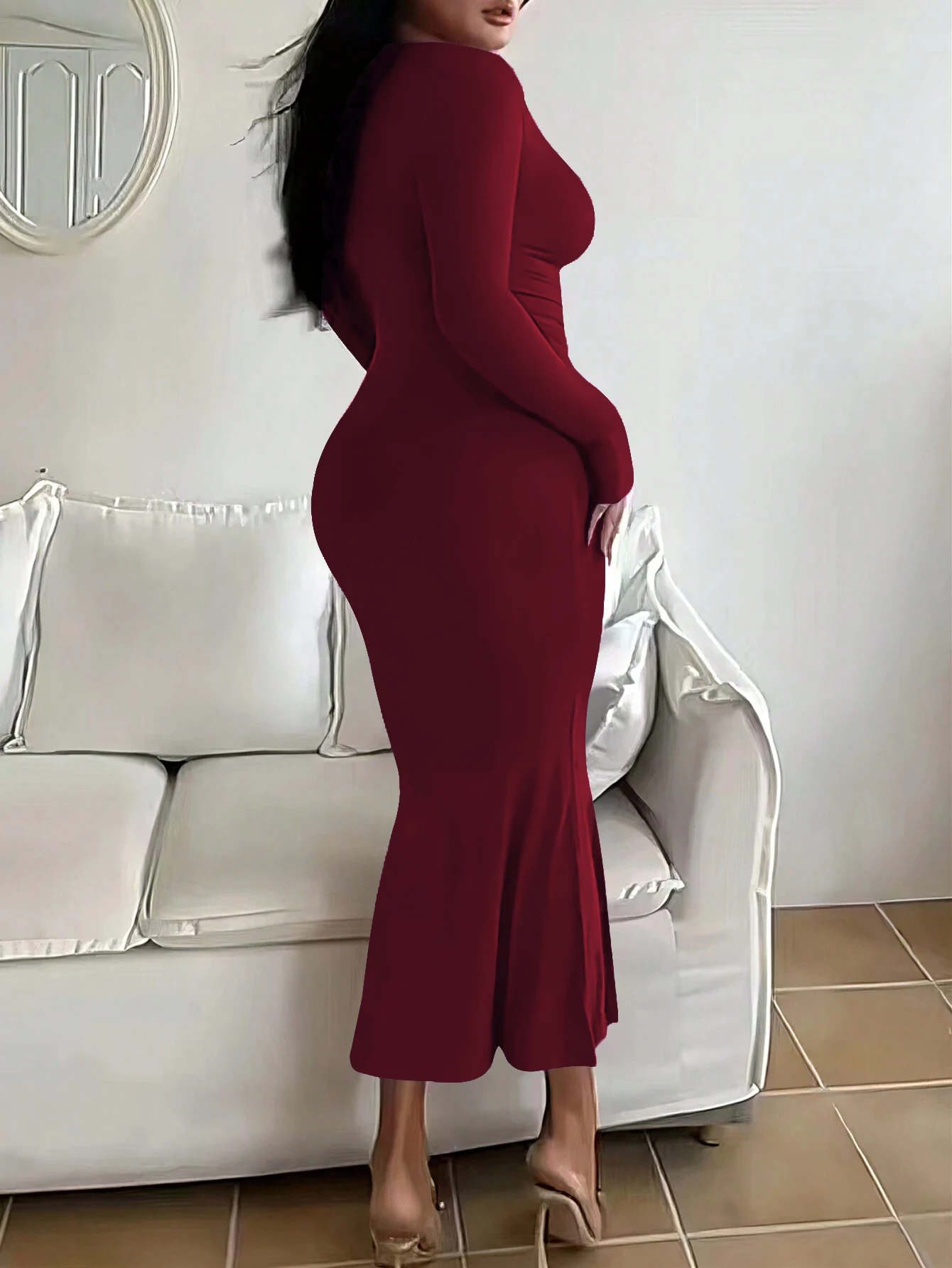 Plus Size Women's Long Slim Fit Dress with Square Neck Long Sleeves Extra Lengthy Tight Fitting Eveningwear - Image 2