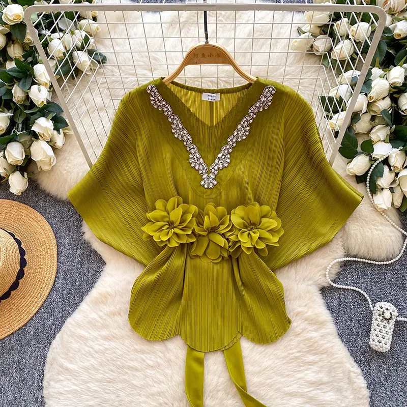 Diamonds 3D Floral Blouse Feminine Batwing Sleeves Lace Up Slim Summer Tops Office Lady Pleated Luxury Elegant Shirt view 2