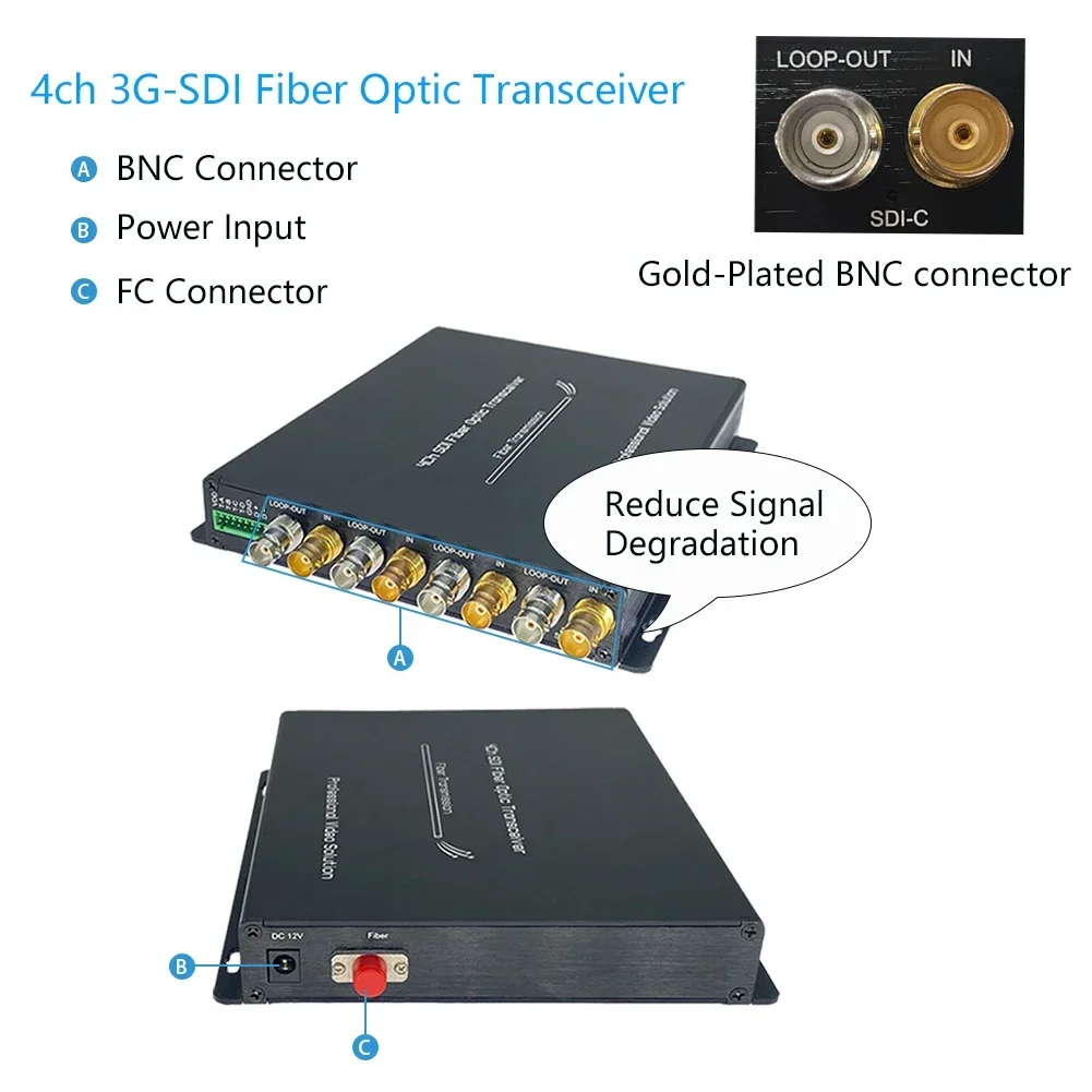 4-Kanal-3G-SDI-Glasfaserkonverter mit Tally & RS485 20 km LC 3G-SDI-Video-Glasfaser-Extender