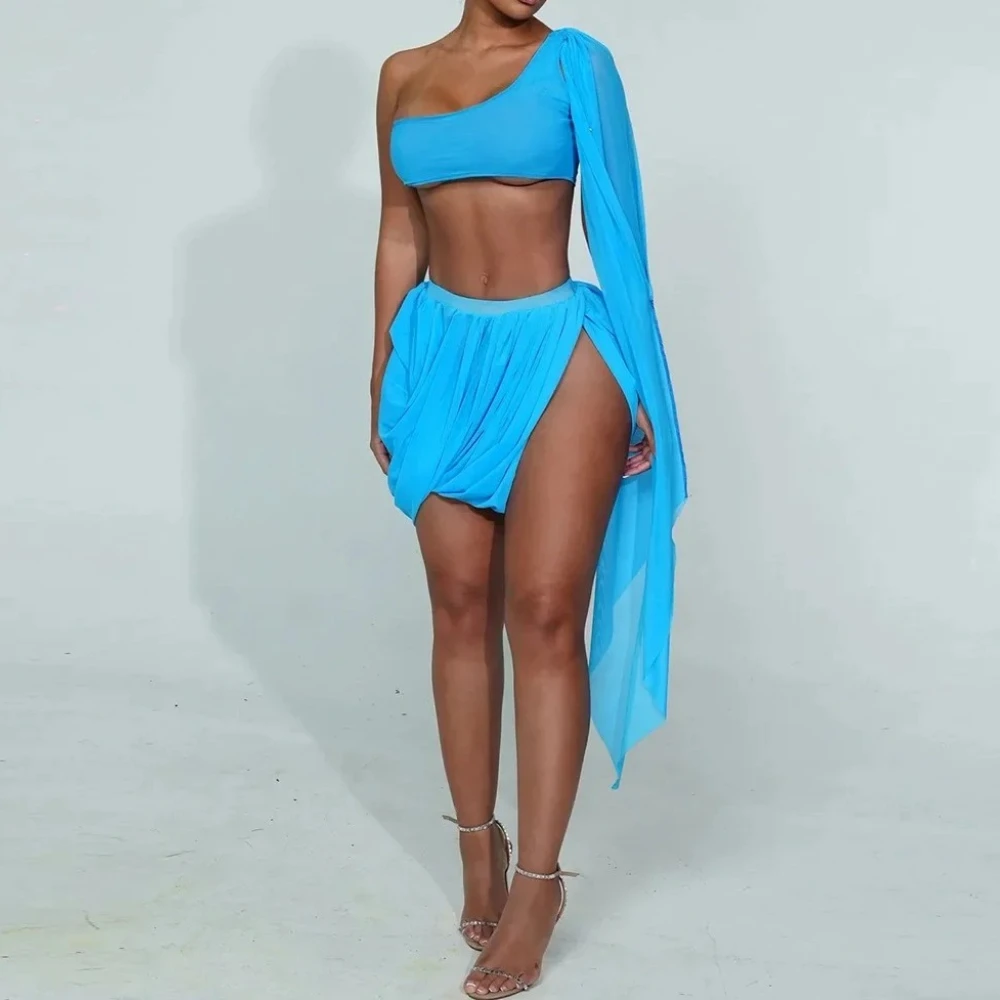 Women Sexy Mesh 2 Piece Set 2025 Autumn See Through One Shoulder Shawl Sleeve Crop Tops + Ruched Split Asymmetrical Mini Skirts
