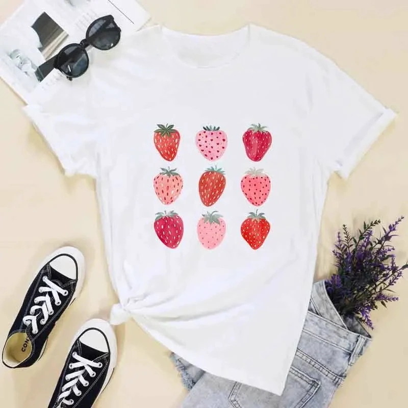 Women's Watercolor Strawberry Graphic T-shirt Cute Botanical Fruit Tee Fashion Cottagecore Strawberries Garden Vegan Summer Tops