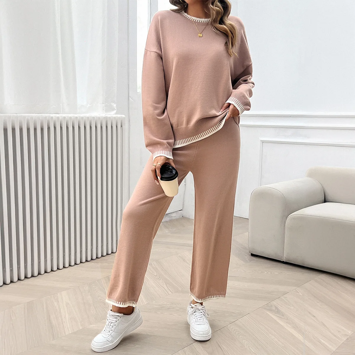 

2024 Autumn and Winter Women's Fashion Casual Contrast Color Sweater Pants Set ensemble femme 2 pièces