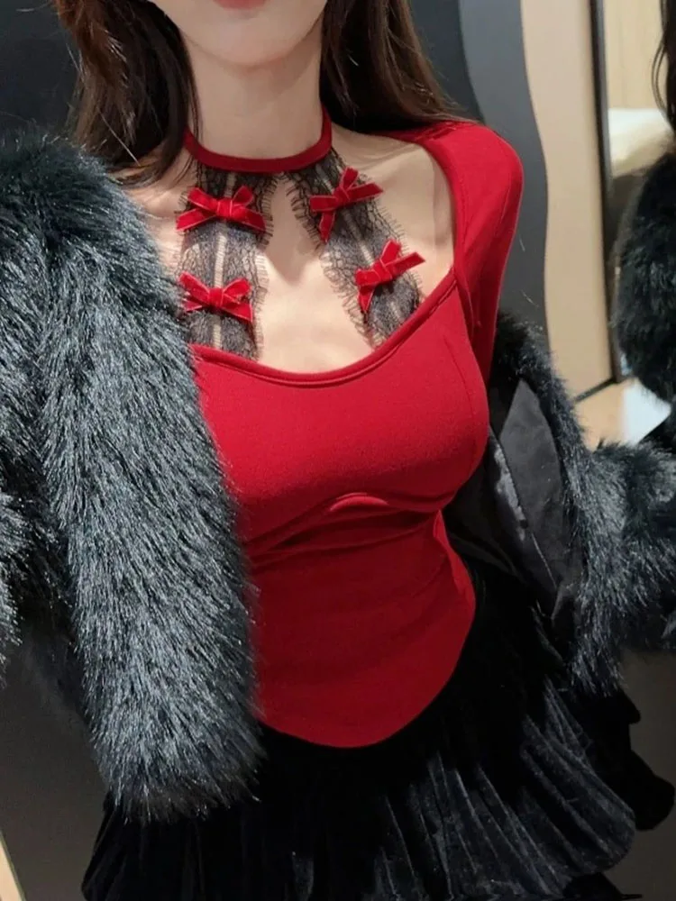 Damen-Spitzen-Langarm-Top, Herbst-Winter, schmale Passform, Weihnachten, rote kurze Bluse, elegantes, lässiges T-Shirt für tägliche Urlaubs-Outfits ​