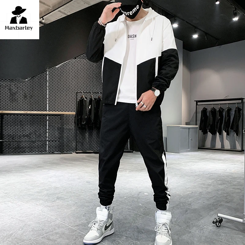 Spring and Autumn New Men\'s Sportswear Casual Jogger Hooded Sportswear Jacket and Pants 2-Piece Hip Hop Running Sports Suit