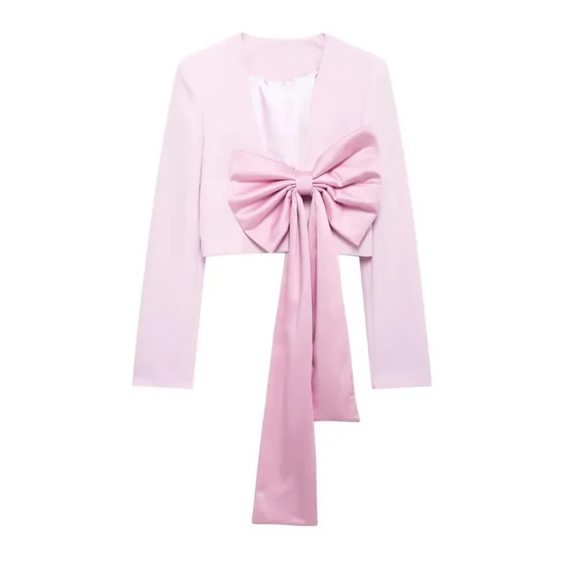 Bow Embellished Pink Cardigan Jacket Women 2024 Autumn American Big Bow Silk Long Sleeved Texture V-neck High Street Trend Top