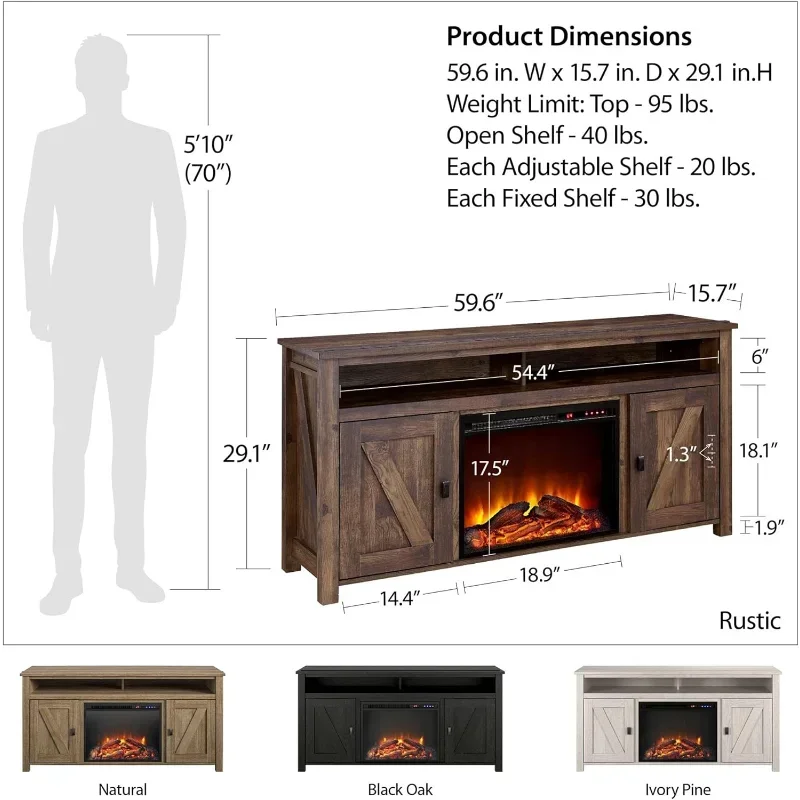 Rustic Ameriwood Home Farmington Fireplace TV Console Media Stand Fits Up to 60 Inch TVs for Living Room Entertainment Center