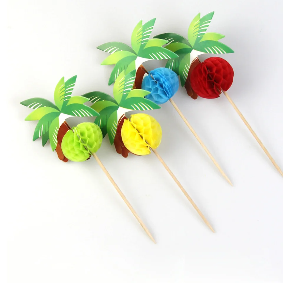 20pcs Honeycomb Flamingo Coconut Tree Pineapple Cake Topper  Paper Cupcake Toppers for Summer Wedding Birthday Party Decorations