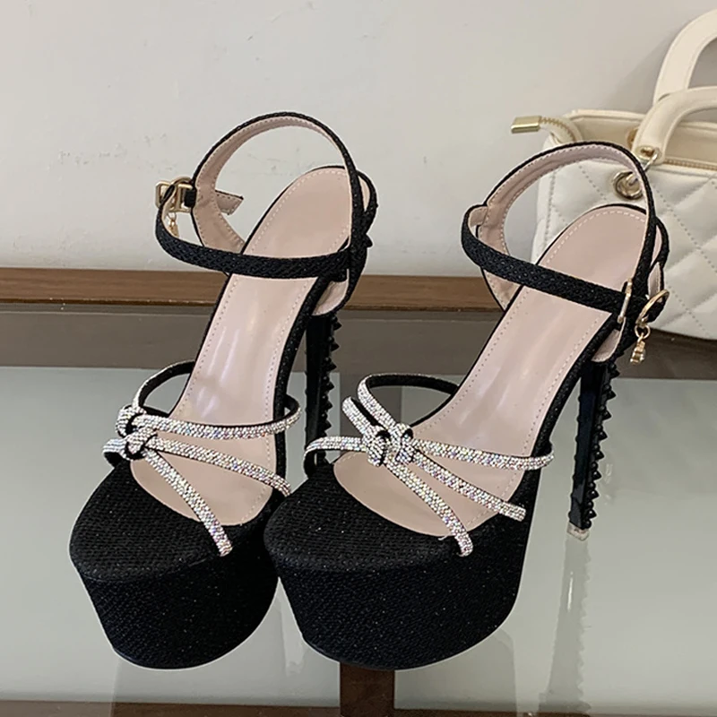 

Liyke Summer Fashion Rhinestone Narrow Band Women Sexy 17CM Rivet Stiletto Sandals Platform High Heels Wedding Banquet Shoes