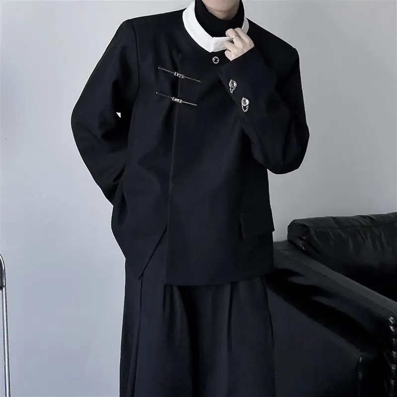 

New Chinese Sle Stand Collar Pad oulder Men's Suit Jaet Metal Bule Casual Top West Clothing Loose Fit Youth Trend