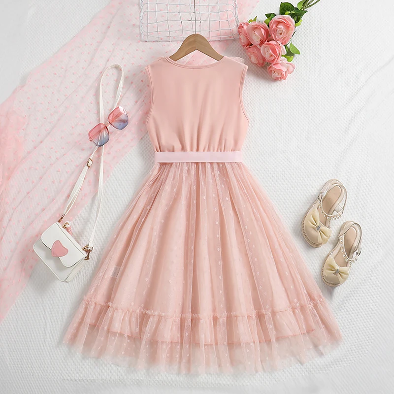 Kids Dress For Girls Pink Lace V-Neck Tulle Dress & Detachable Belt Sweet Princess Style  Birthday Party Children Daily Clothes