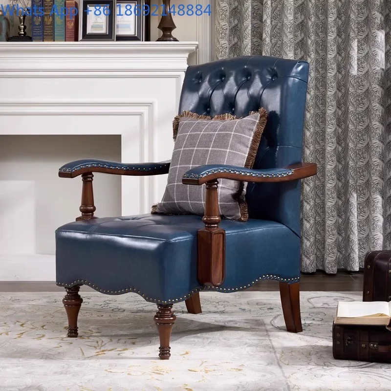 Vintage Blue High Back Leather Accent Chair for Living Room Bedroom