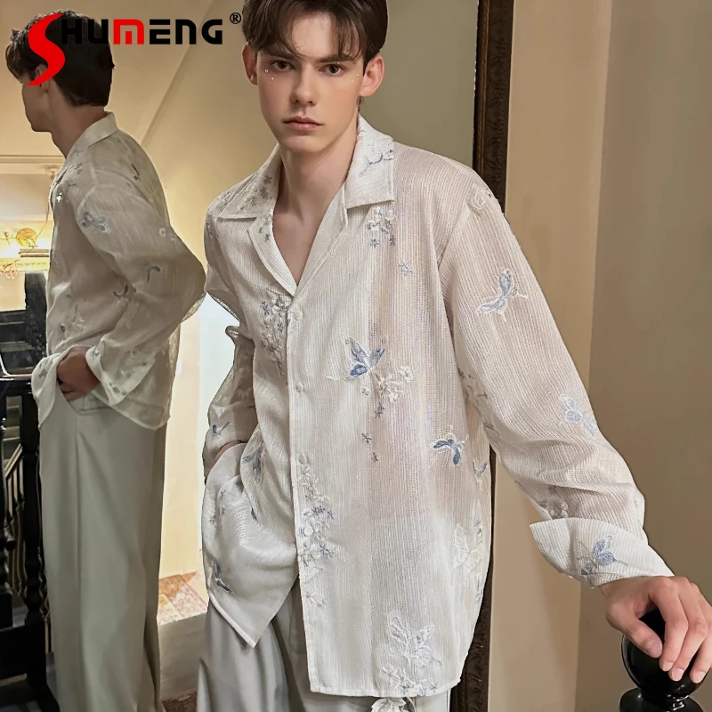 

Male Embroidered Mesh Gauze Tops Micro-transparent Design Long-sleeve Shirts Men's 2025 Summer New High-end Thin Trendy Shirts