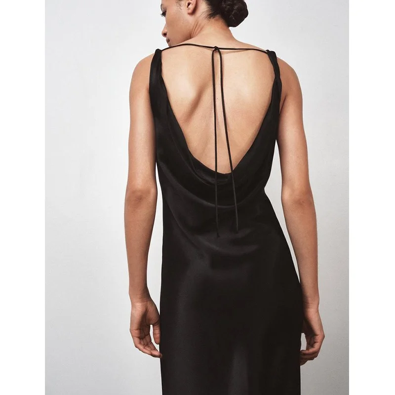 Novo Vestido Longo de Seda Satin para Mulheres, Estilo Saia em A, Decote Redondo, Psado, Cintura Alta, Sem Mangas, Adequad...