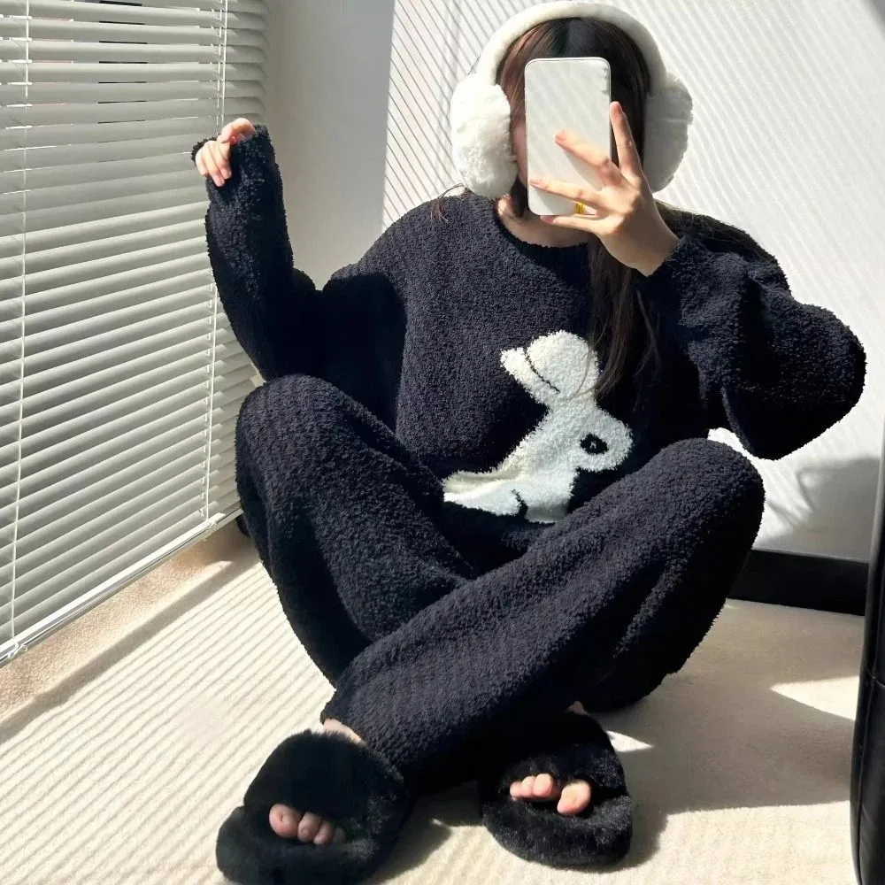 Conjunto de pijamas informales de lana con forma de caballo, pijama de dibujos animados Kawaii de pato y conejo, traje de dormir holgado de manga larga de felpa para invierno para el hogar