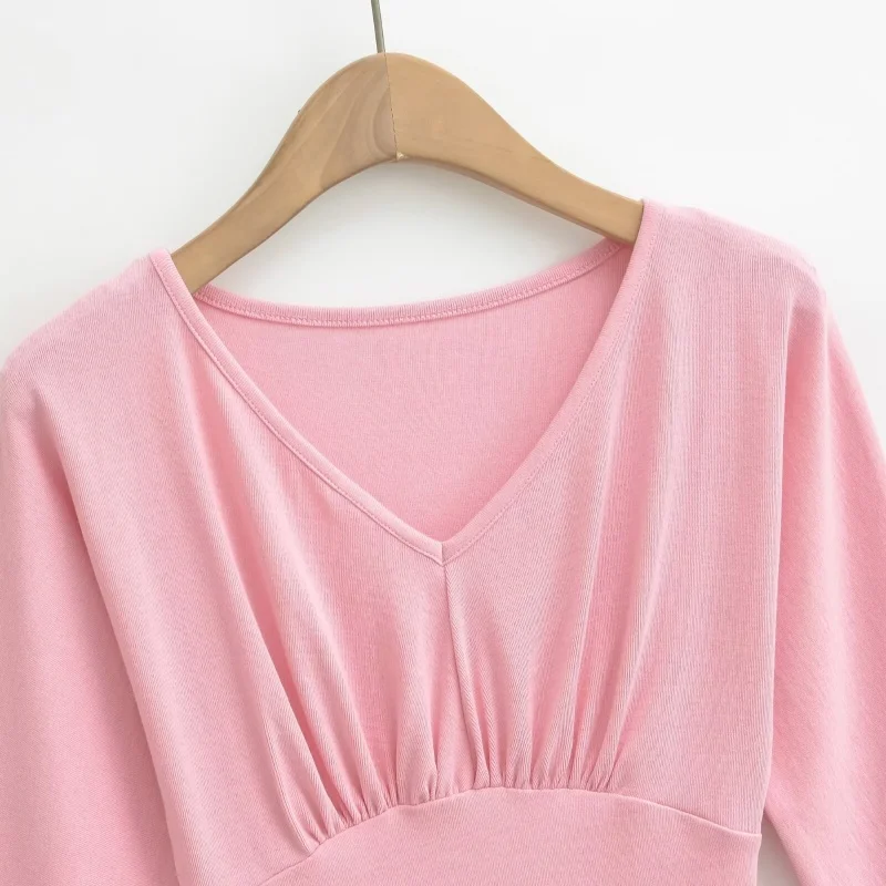 Slim Fit Deep V-Neck Seven-Quarter Sleeve Base Shirt Pleated Waist Side Slimming Elastic Versatile Inner Wear Top for Women