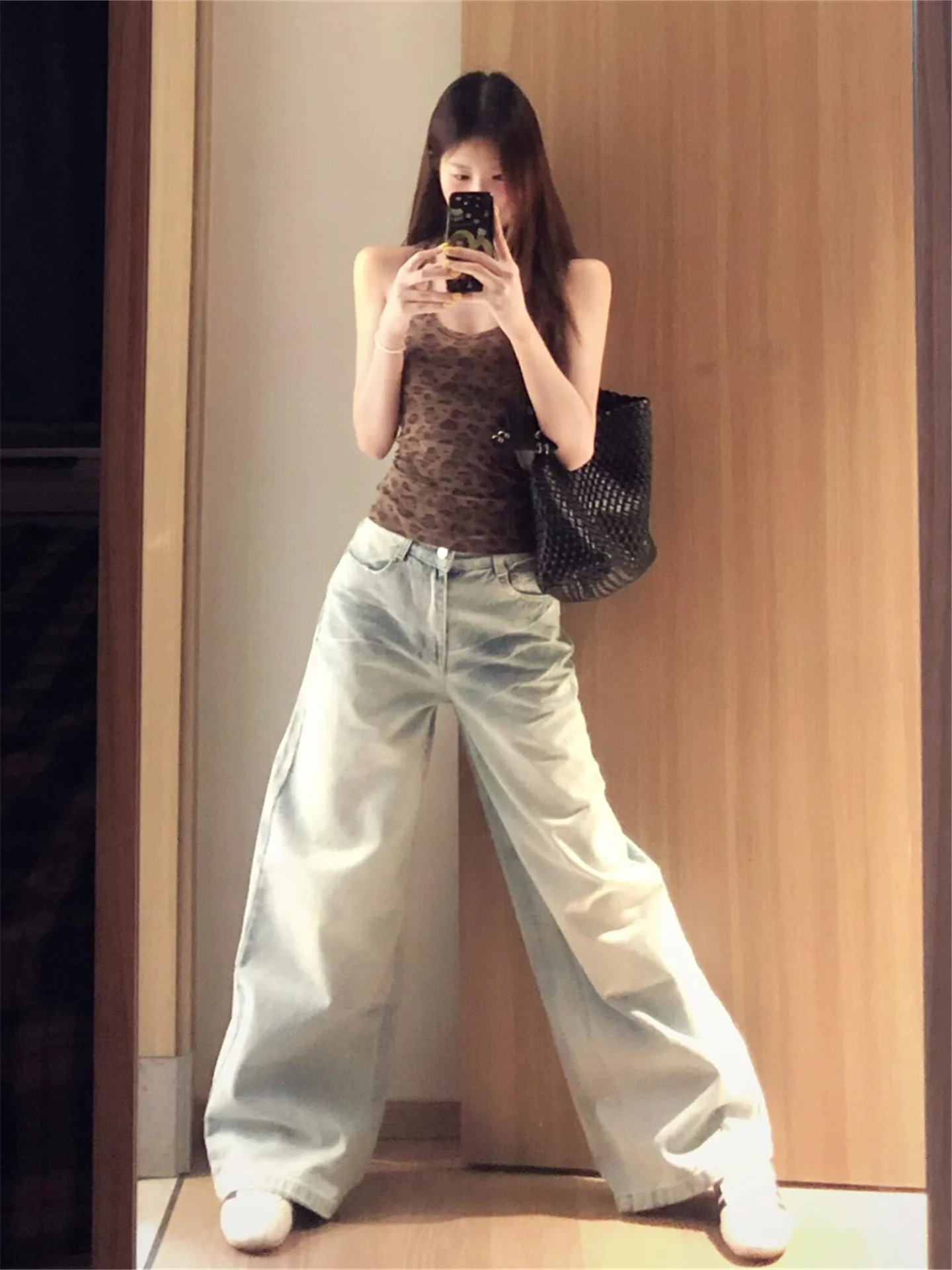 

American Style Vintage Light Blue Wide Leg Jeans Women's Summer Loose Slimming Taller Extended Straight Leg Pants