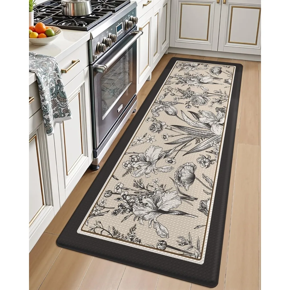 Botanical Sketch Floral Border Design Runner Mat  Farmhouse Style Decor Rug for Kitchen  Indoor Passage and Entrance Mat