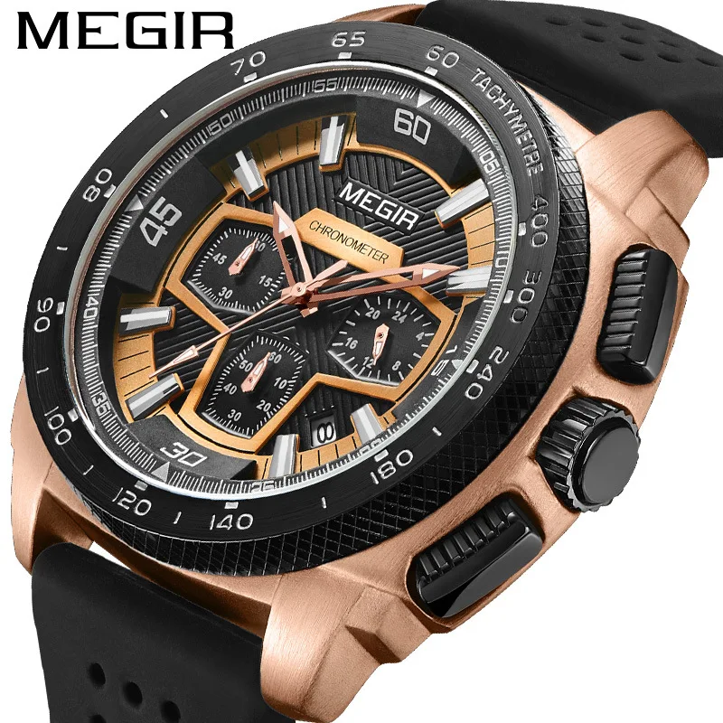 

MEGIR 2056 Fashion Sports Quartz Watch Silicone Strap Waterproof Calendar Luminous Chronograph Watches for Men Montres Hommes