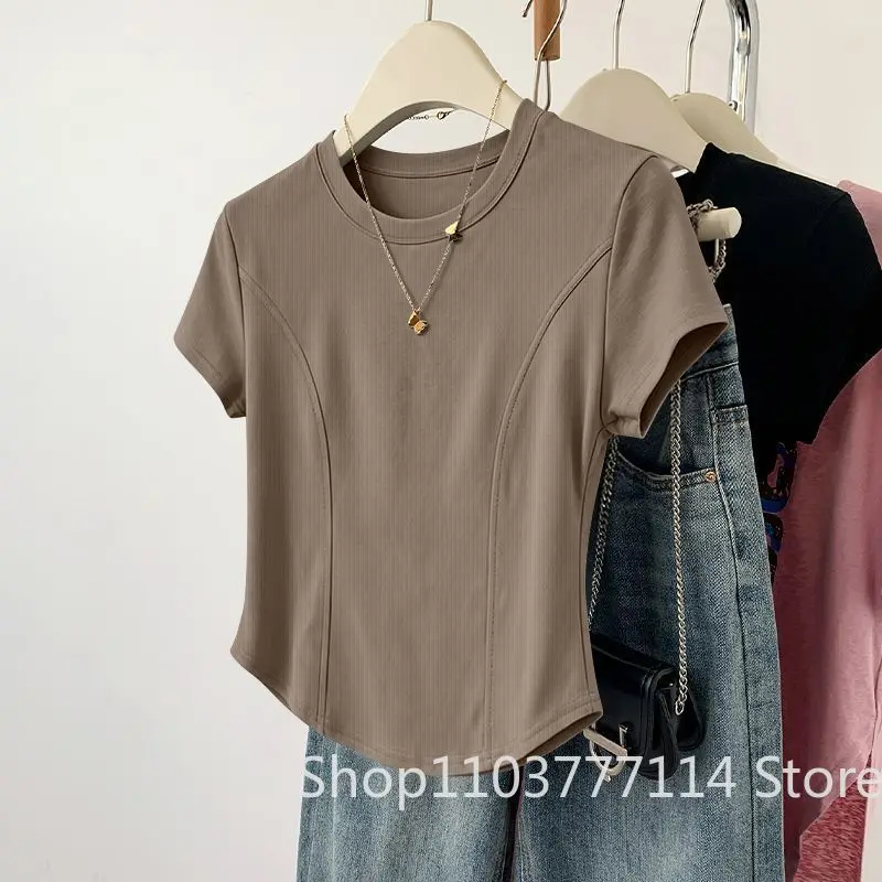 Damen Sommer Kurzarm-Oberteil für Mode, Vielseitiges Basis-Shirt, Hochwertiges Rundhals-T-Shirt, Lässig und Atmungsaktiv und Kühl – Detail 9