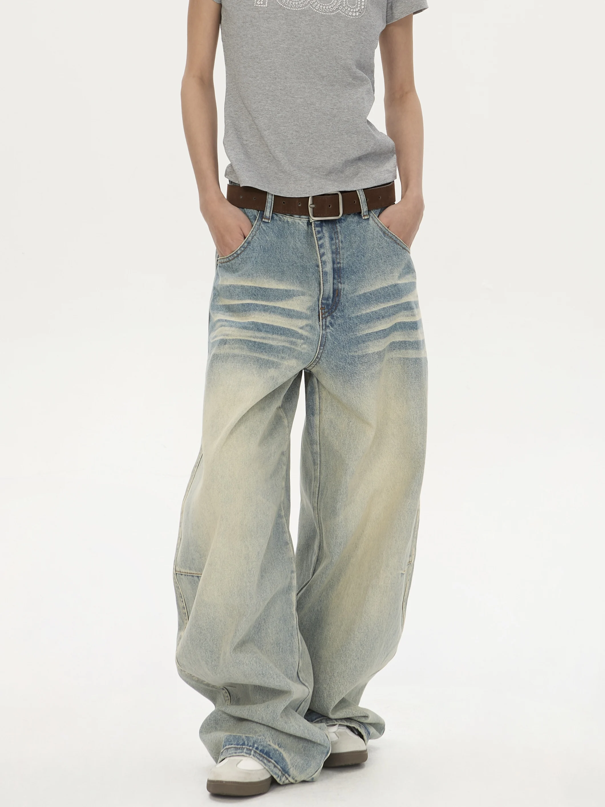 

Американские джинсы-клеш с широкими штанинами для женщин, с высокой талией, прямого кроя, длинные брюки TING, повседневные джинсы с эффектом потертости