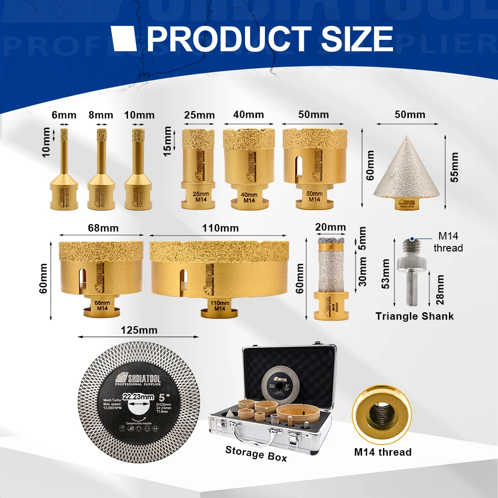 SHDIATOOL 다이아몬드 공구 키트, 드릴 비트, 20mm 드릴링 밀링 비트, 50mm 모따기 비트, 125mm 톱날, 6mm, 8mm, 10mm, 25mm, 40mm, 50mm, 68mm, 110mm, 12 개