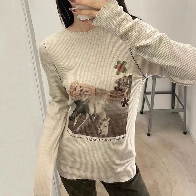 

Japanese Y2k Long Sleeve Knitted Tops Korean 2000s Style Graphic Print Knit T-shirt Vintage Harajuku Knitwear American