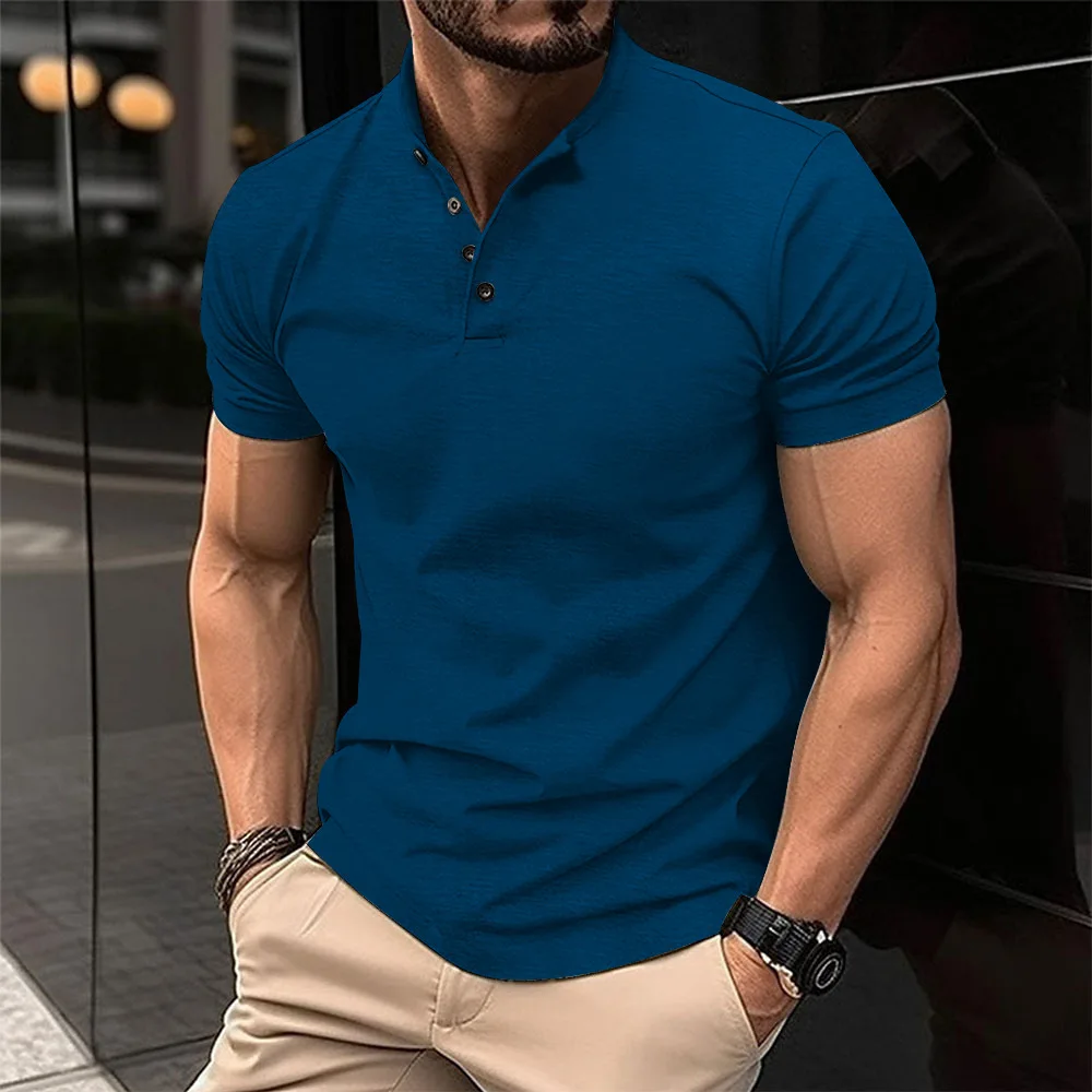 Summer Mens Casual Polo Shirt Henley Collar Solid Color Short Sleeve Polos Men Short Sleeve Tops Tees Anti Piling T Shirt