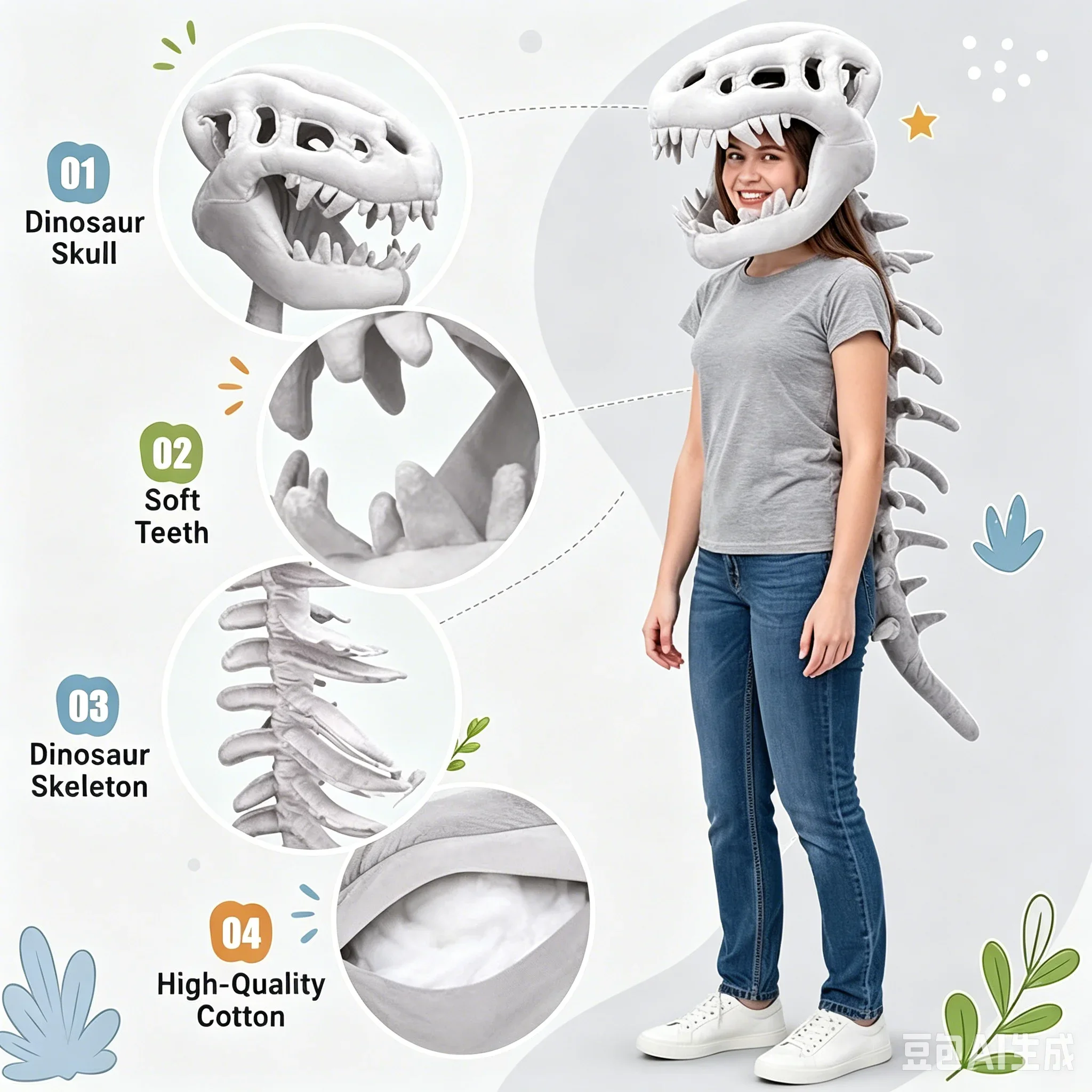 Kid Dinosaur Skeleton Costume SetSpinosaurus-Style Dino Outfit – 3D Skull Headpiece & Spine for Dress-Up, Parties & Photos Plush