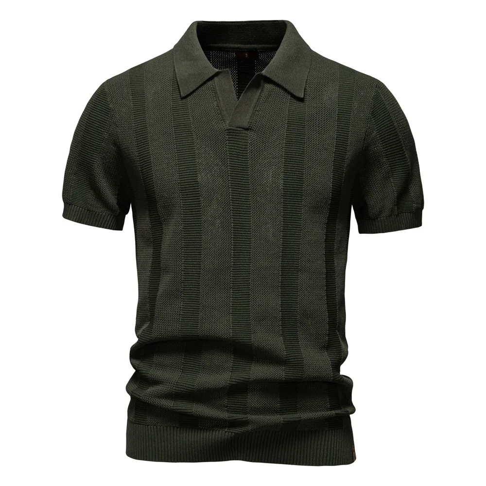 

New Men Shirts Knitted Pullover Shirt Short Sleeve Tops Striped Spliced Hollow Turn Down Collar Casual Shirts Loose Business