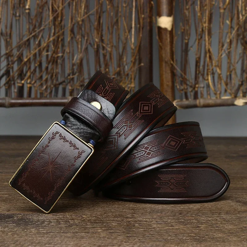 3.8cm Men's Pure Cowhide Laser Engraving Belt High Quality Brass Smooth Buckle Belt Men