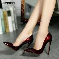 Shallow Burgundy Patent Leather Party Pumps Thin High Heel Women Shoes Slip-On Pointed Toe 2024 Fashionable Zapatos Para Mujere