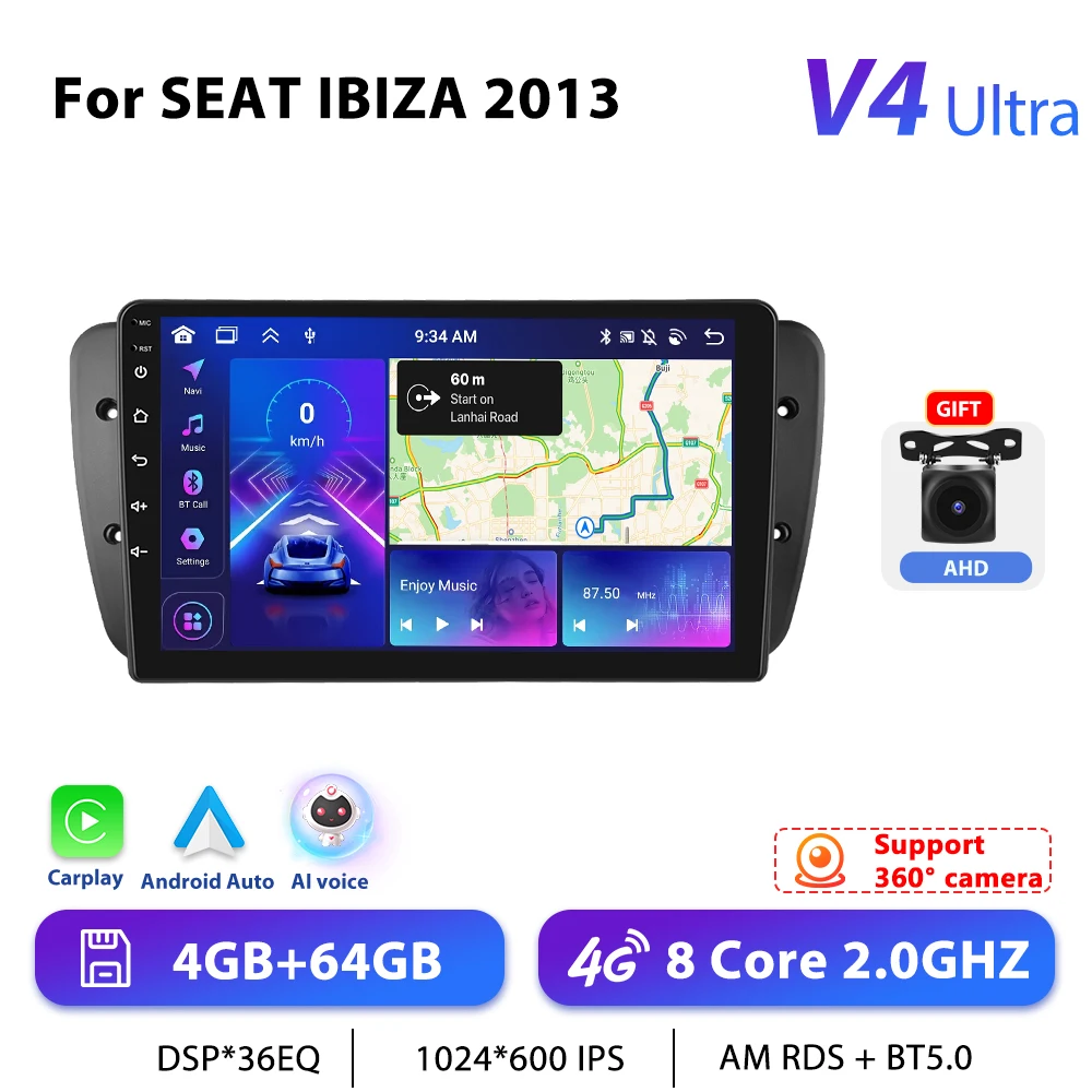 Podofo 9 "Autoradio Draadloze CarPlay Android Radio Voor SEAT IBIZA 6j 2009-2013 Multimedia GPS FM 4G WIFI Auto Intelligente Systemen