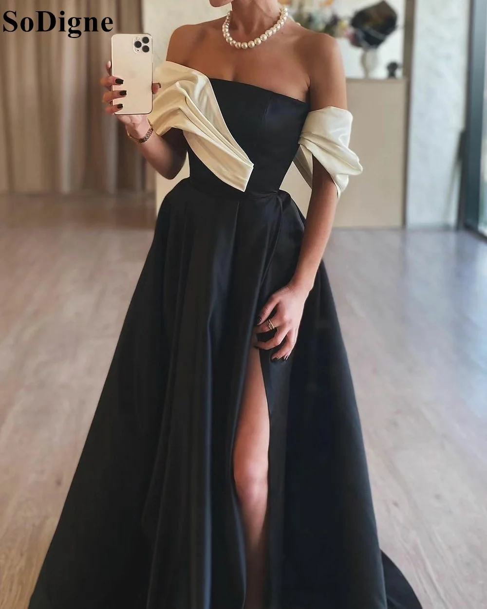 SoDigne Black and White A-Line Satin Evening Dresses Off Shoulder Side Slit 2024 Arabic Women Formal Occasion Prom Gowns Dubai