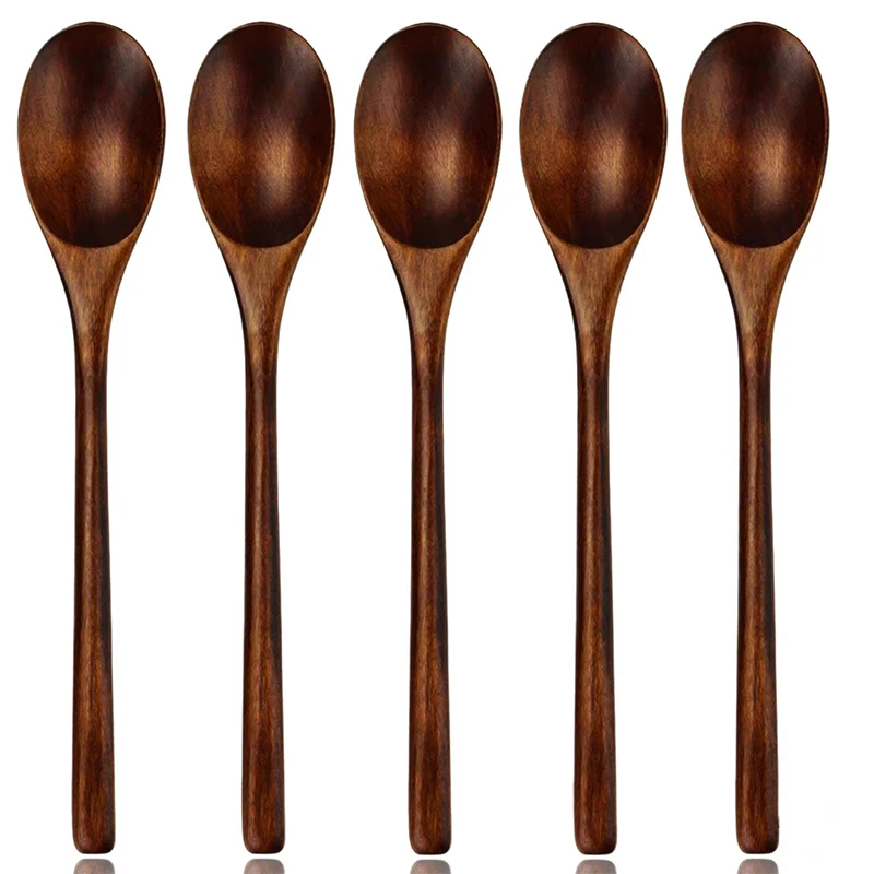 5 Pieces Wooden Spoon Natural Ellipse Wood Soup Spoon Kitchen Cooking Tableware Spoon Set Eco-Friendly Teaspoon for Coffee Honey
