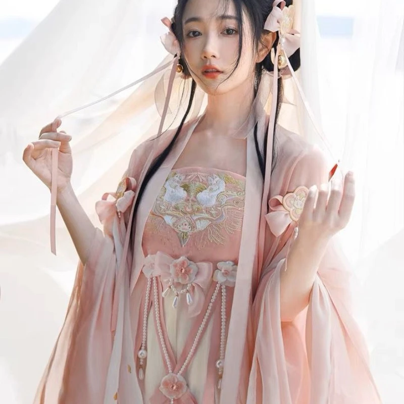 

Hanfu Women Embroidery Stage Dance Chinese Style Traditional Flower Dress Female Fairy Cosplay Costume Hanfu Pink For Women