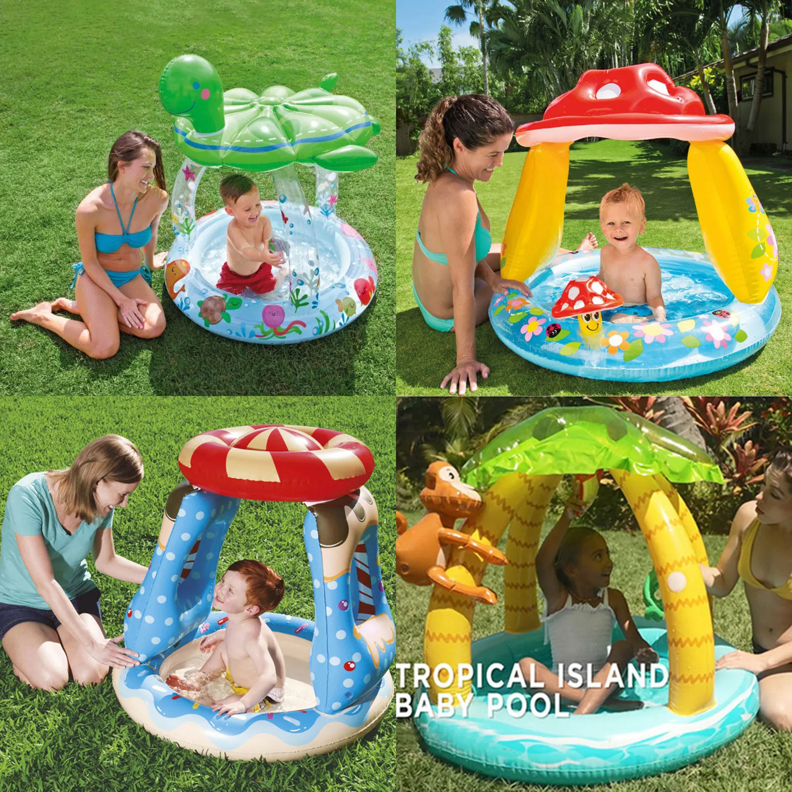 Piscine gonflable avec parasol pour enfants, design d'arbre AMP, île tropicale, jeu d'eau amusant en plein air, 1 à 3 ans