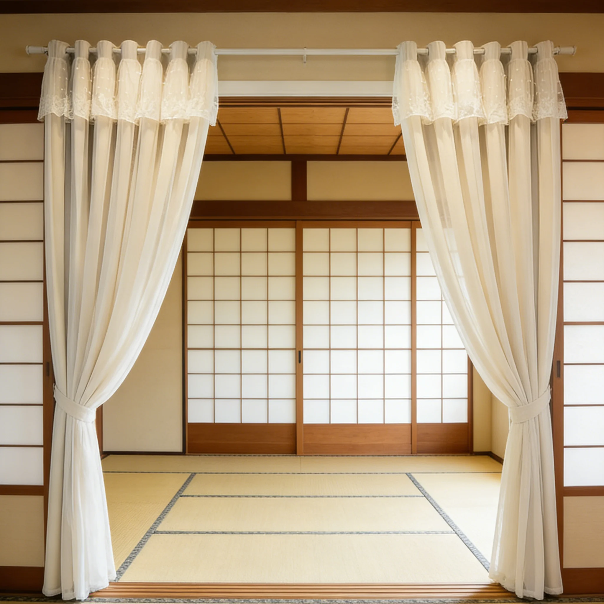 2 Stück transparenter Vorhang mit Spitzenstickerei im japanischen Stil, cremefarbene breite Vorhänge im Hakenstil, geeignet für Tatami-Schlafzimmer/Wohnzimmer/Wind