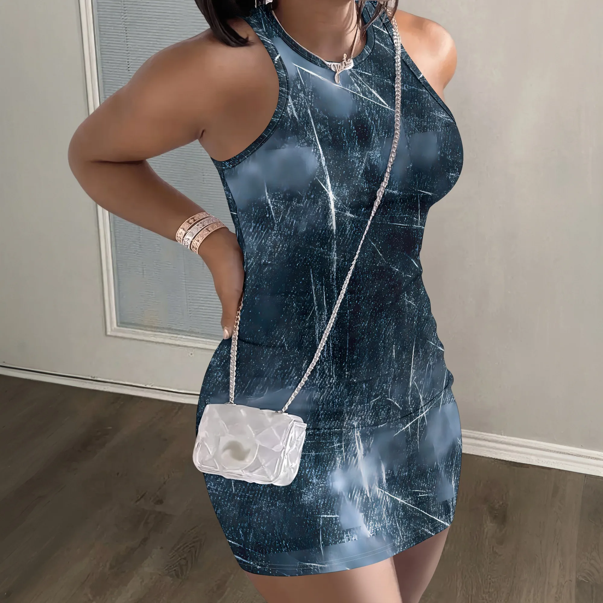 Abstract Print, Halter Dress, Blue Texture, White Streaks, Bodycon Fit, Clubwear, Party Night Out, S-2XL