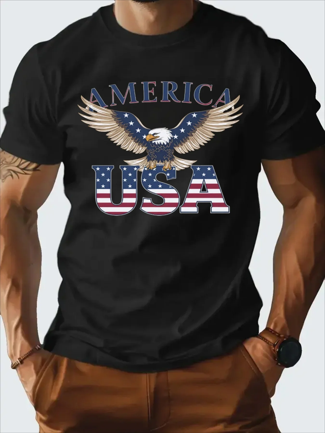 

Men's 100% Cotton USA Eagle Graphic T-Shirt - Patriotic White Short Sleeve Tee with American Flag Design