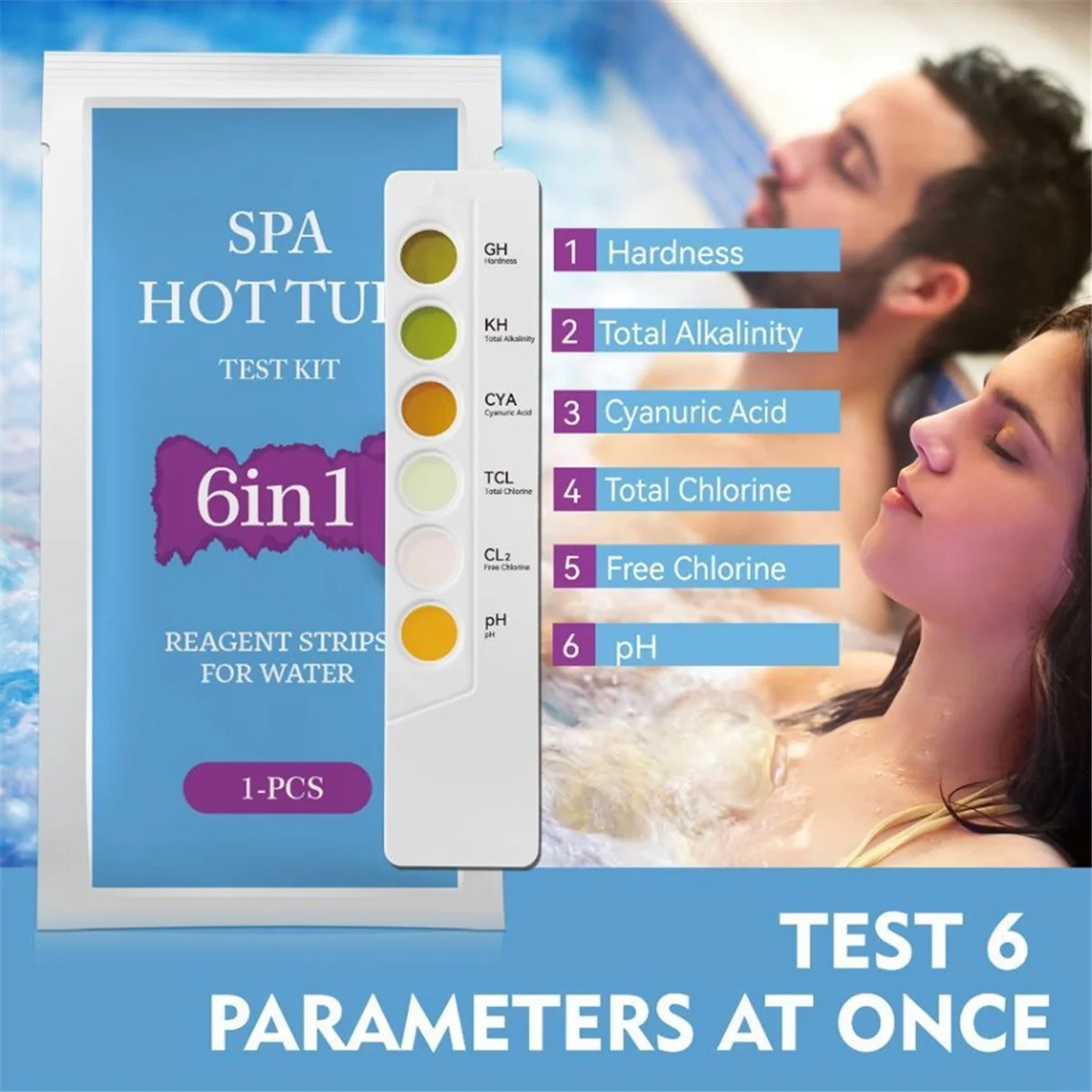 A79G 6 in 1 SPA 수질 테스트 키트 PH//GH/CYA// 수질 화학 테스트 염소 PH 측정기 (스파 및 온수 욕조용)