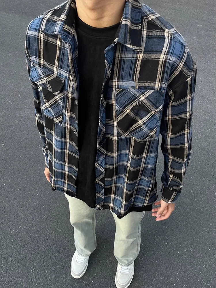 

Мужская рубашка Cleanfit k Blue Plaid Long Sve, весна-осень, в японском ретро-стиле, крутая рабочая одежда, свободный крой, молодежный тренд