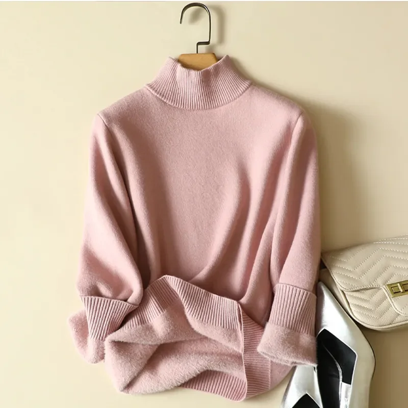 Thicken Winter Sweater Womens Casual Warm Velvet Lined Big Size 4xl Knit Pullover Half Turtleneck Poleras Soft Knitwear Jumpers