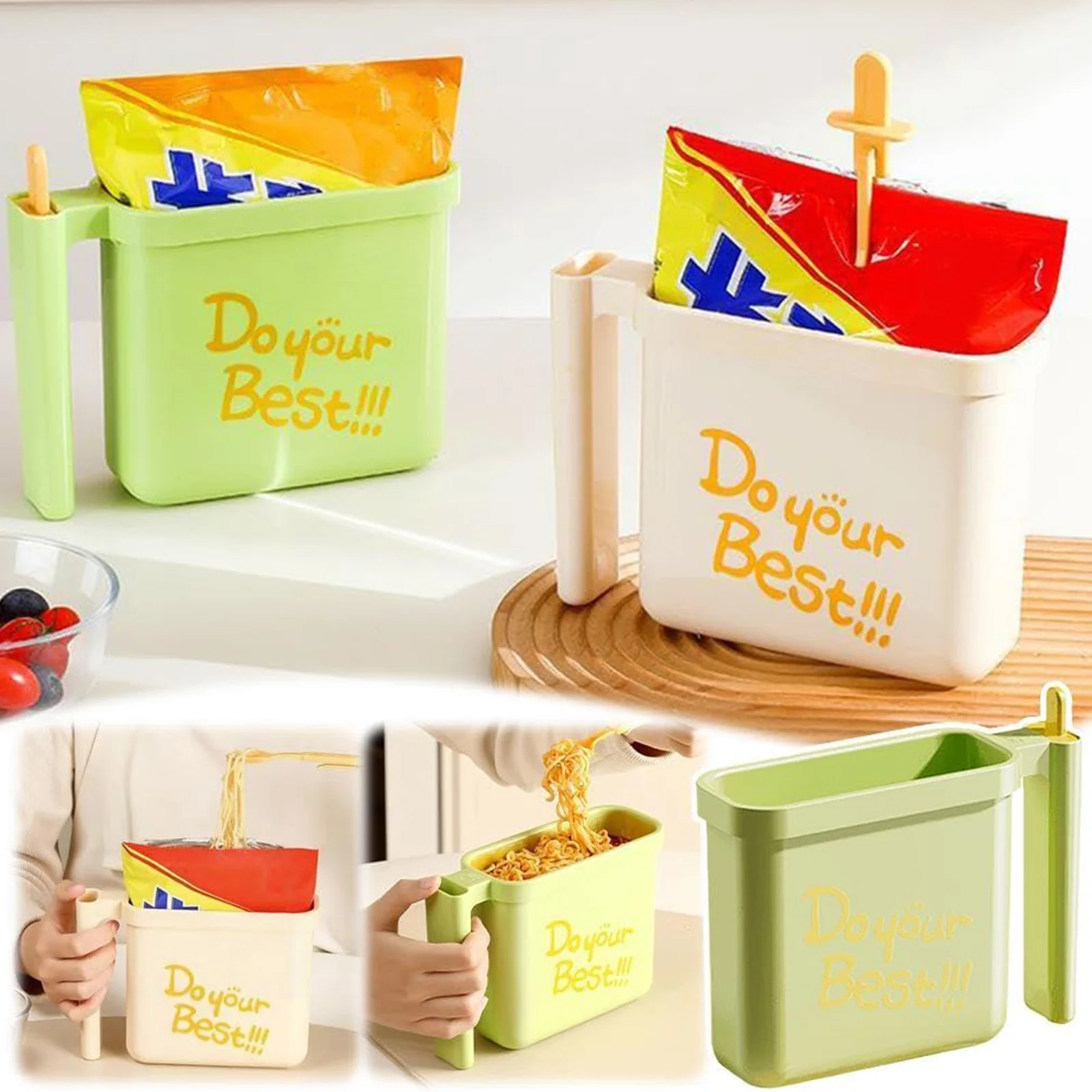 Instant Noodle Bowl Holder-Direct Immersion Ramen Cup with Heat-Resistant Handle, Drainage Ventilation & Fork Storage