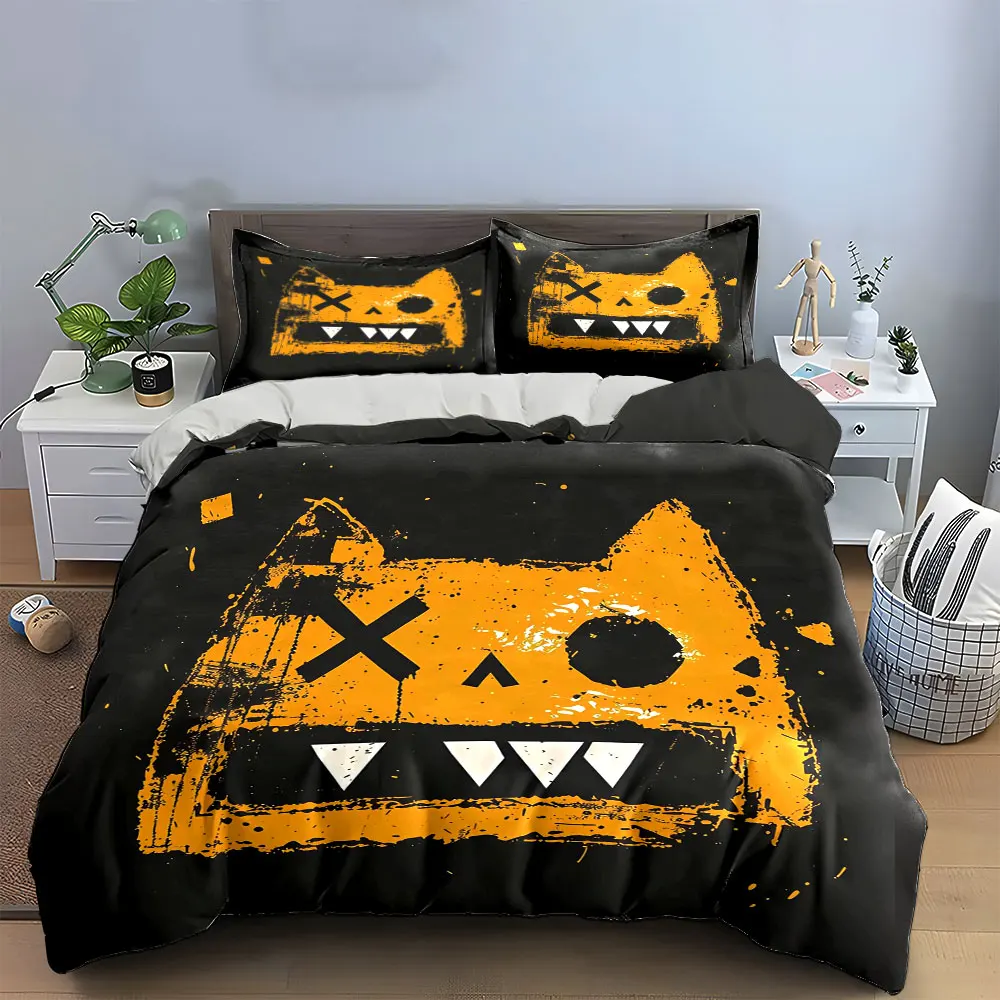 Grunge Yellow Paint Zombie Cat Face Duvet Cover Set, Black Background Street Bedding Includes 1 Duvet Cover And 2 Pillowcase