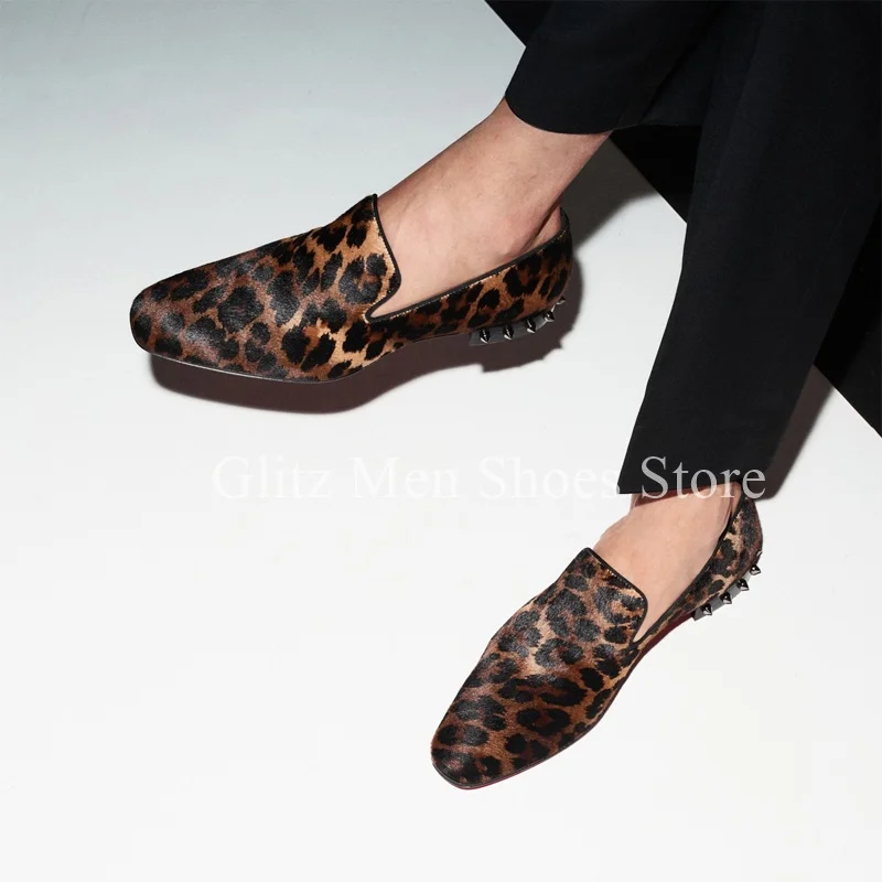 Rivet Leopard Print Men Shoes Low-heeled Loafers Luxury Pointed Head Slip On Calfskin Welted Wedding Dress Business Single Shoes