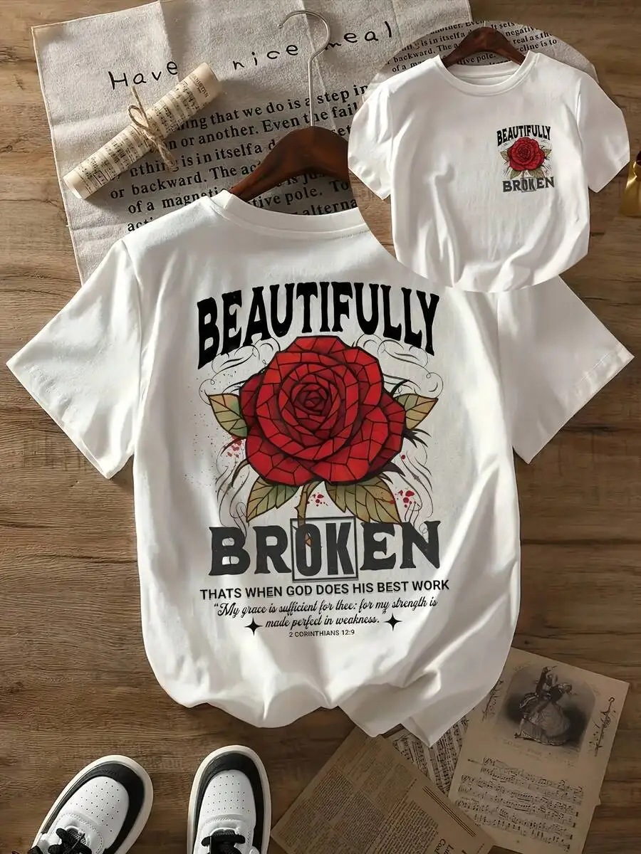 2026 Spring Summer Vintage Washed Cotton Women Oversized White Round Neck T-Shirt Moderate Stretch Retro Beautifully Broken Rose Geometric Pattern Inspirational Slogan Print Breathable Street Daily Casual Tops